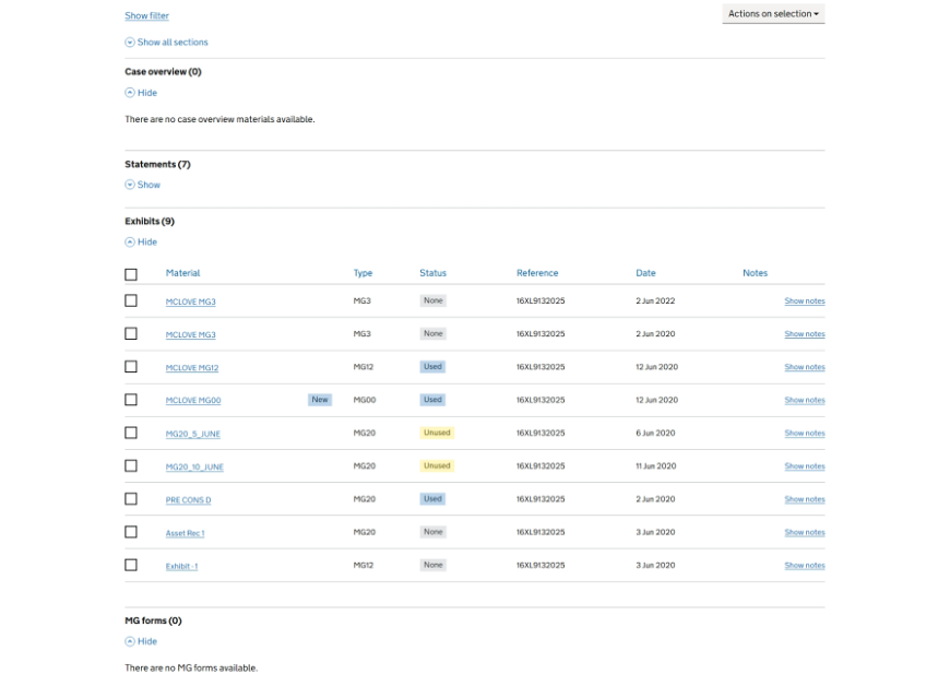 A screenshot of a list view of materials split into categories