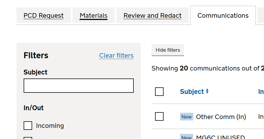 A screenshot showing the Communications tab with a search field labelled Subject and a table heading labelled Subject