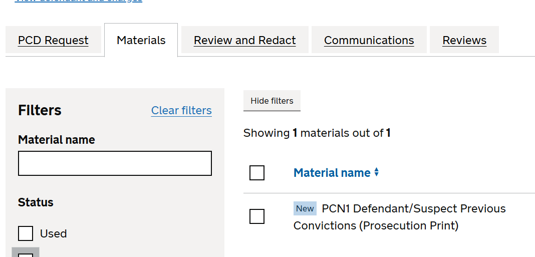 A screenshot showing the Materials tab with a search field labelled Material name and a table heading labelled Material name