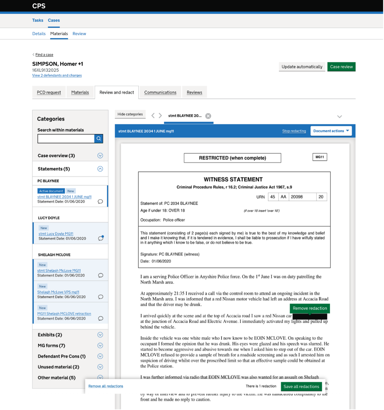A screenshot of the design showing the redaction flow