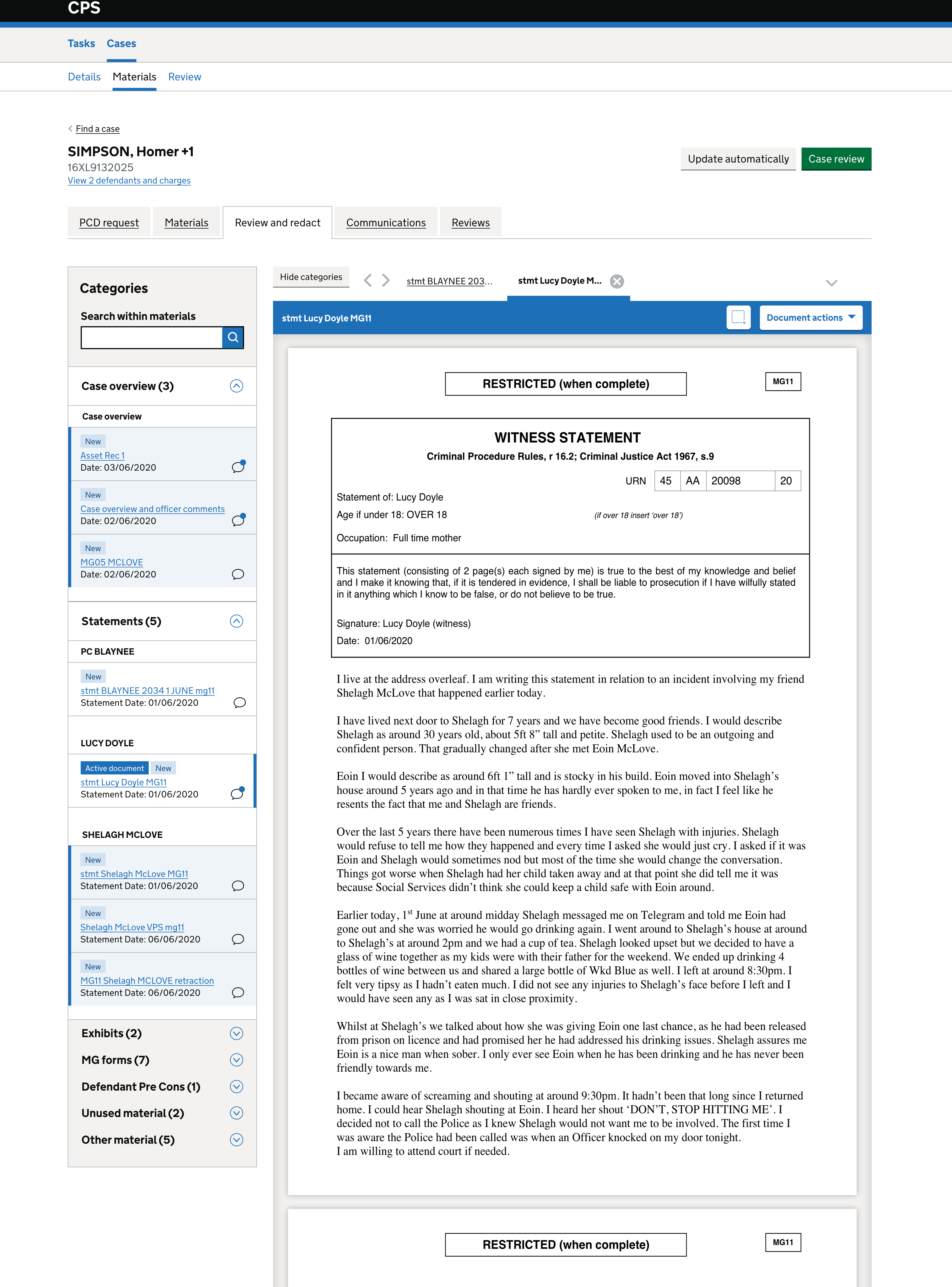 A screenshot of the review and redact tab