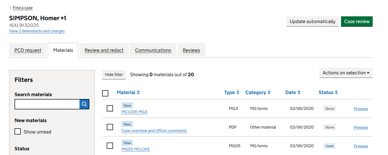 A screenshot showing the previous Materials tab with a search field labelled Search materials and a table heading labelled Material