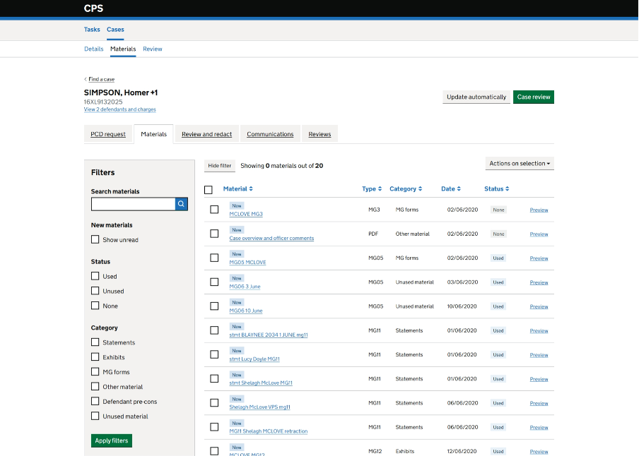 A screenshot of the current design showing the Materials and Review and redact tabs