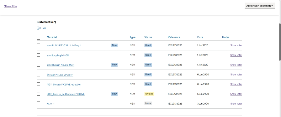 A screenshot of the Statements category in the materials list